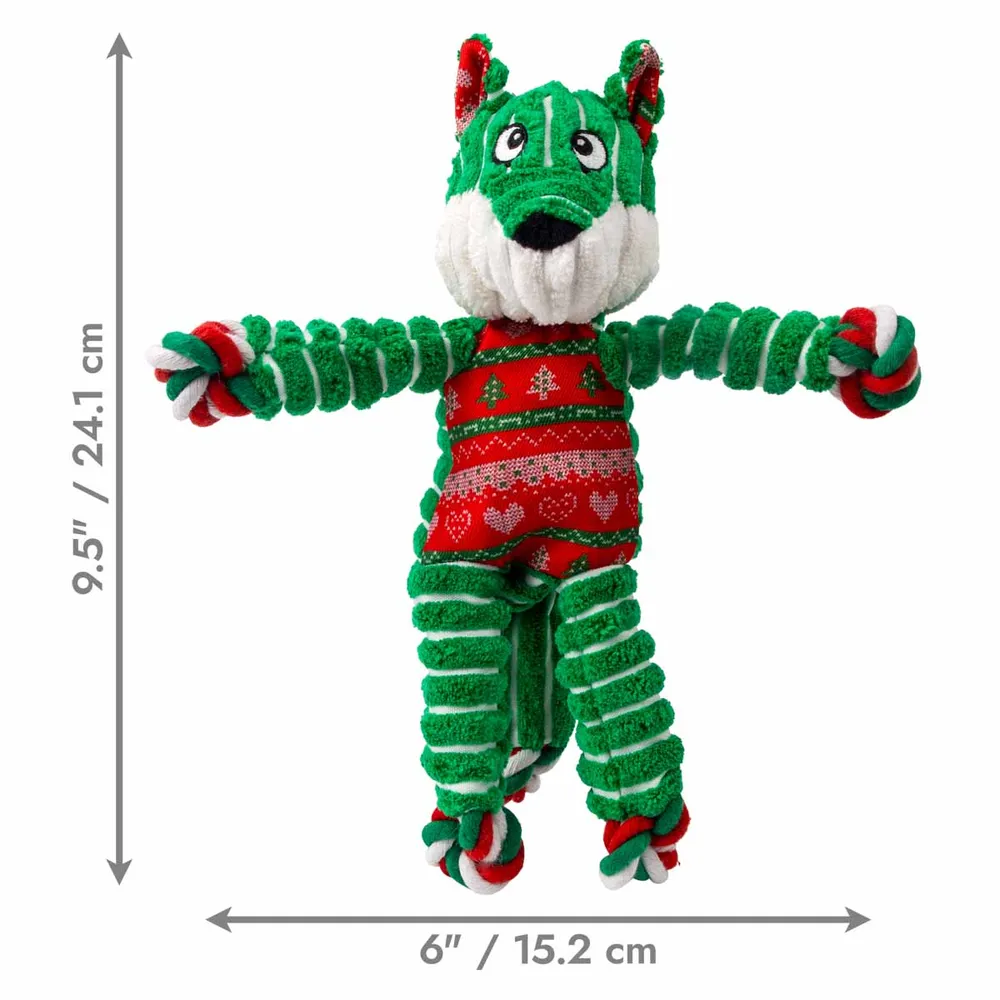KONG Holiday Floppy Knots Fox S/M - et klassisk plys-hundelegetøj med reb og knuder, pivelyd og juletema.